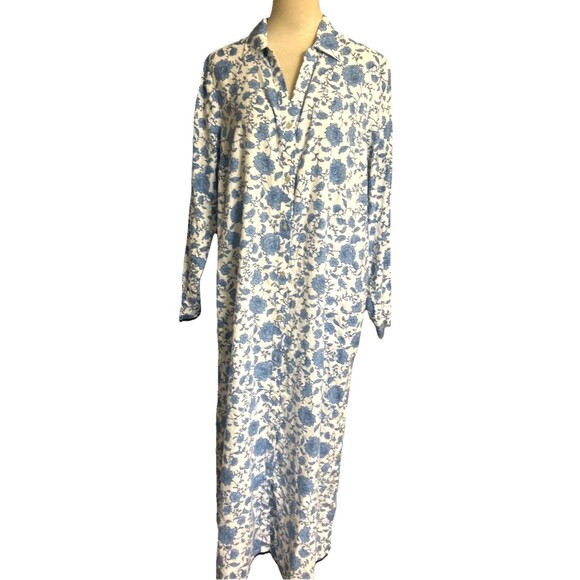 J. Jill Dresses & Skirts - J. Jill Linen Blend Blue White Maxi Floral Shirt Dress Button Down Pocket Sz L